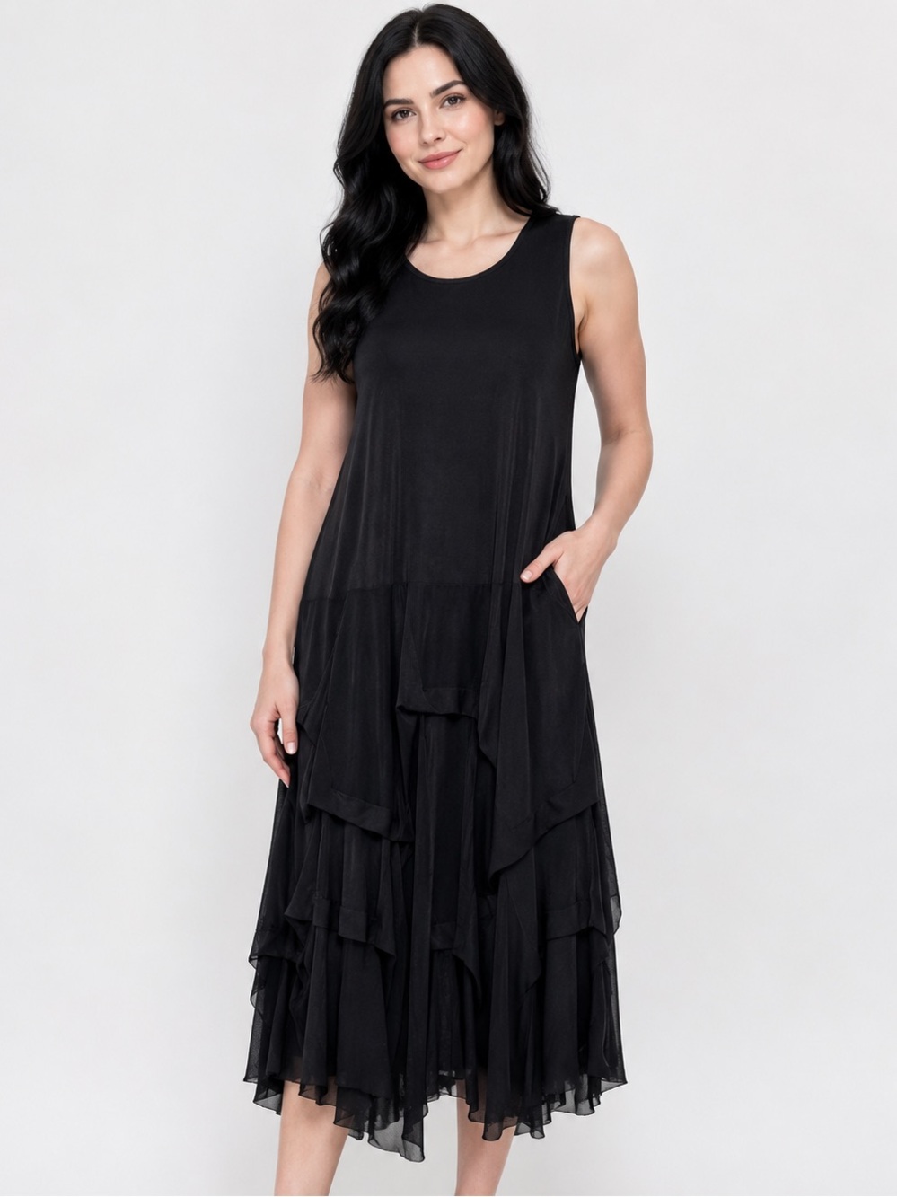 Kozan Black Layered Midi Dress Women’s Size Small Soft Stretch Asymmetrical Hem